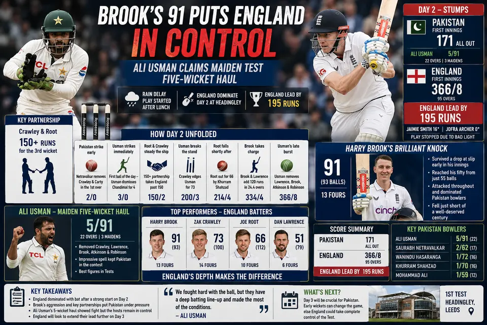Harry Brook's 91 Puts England in Control as Ali Usman Claims Maiden Test Five-Wicket Haul