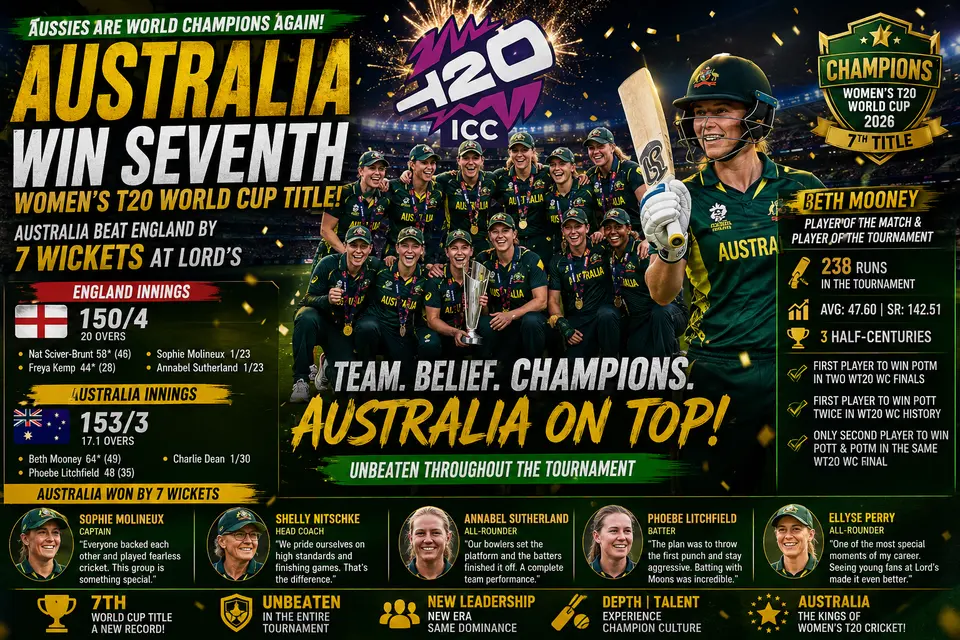 Australia Win Seventh Women's T20 World Cup Title as Beth Mooney Leads Dominant Victory Over England